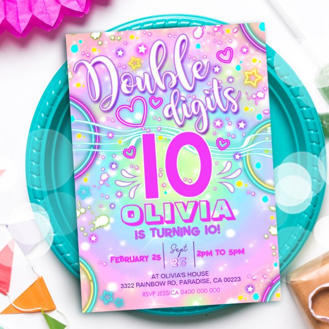 Dubbla 10:e födelsedagsinbjudan - siffror inbjudningar (Neon Double Digits 10th Birthday Invitation)