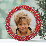 Dubbla 2 foto av julberry julgransprydnad keramik<br><div class="desc">Anpassningsbar Photo Ornament - Lägg till ett foto på vardera sidan av den vita prickberrytan gräns. PHOTO TIP: Om fotot inte passar korrekt klickar du på knappen ANPASSA DEN HÄR och justerar fotot.</div>