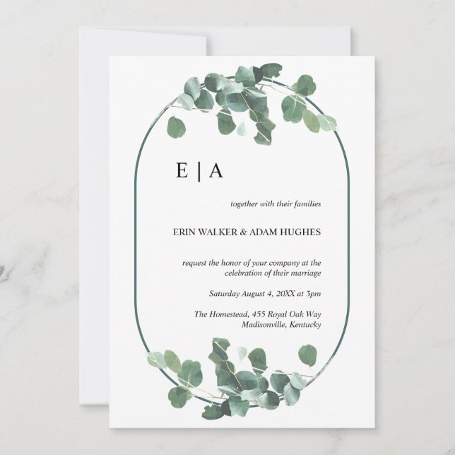 Dubbla Arch Eucalyptus Greenery Simple Monogram Inbjudningar (Framsida)