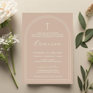 Dubbla Arch simple kor beige christening baptism Inbjudningar