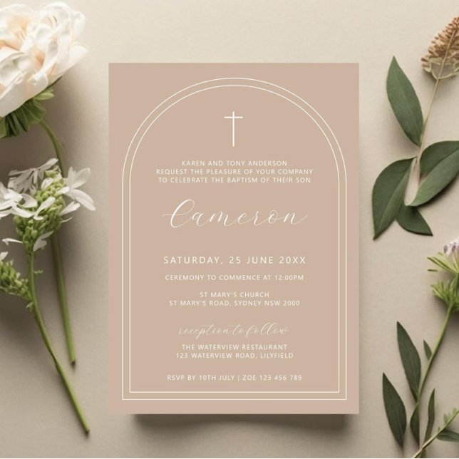 Dubbla Arch simple kor beige christening baptism Inbjudningar (Skapare uppladdad)