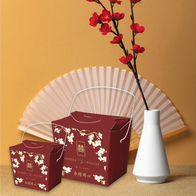 Dubbla av elfenbenspersikor/plommon Blommar  Happi Presentaskar (Burgundy/Ivory Peach/Plum Blossoms Double Happiness Chinese Wedding Favor Box @ fatfatin_red_box)