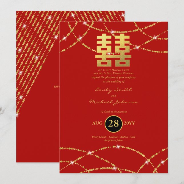 Dubbla av kinesisk Bröllop Guld Ljus Inbjudningar (Fram/baksida)