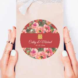 dubbla av lycklighet för rosa blomma i bakgrunden runt klistermärke