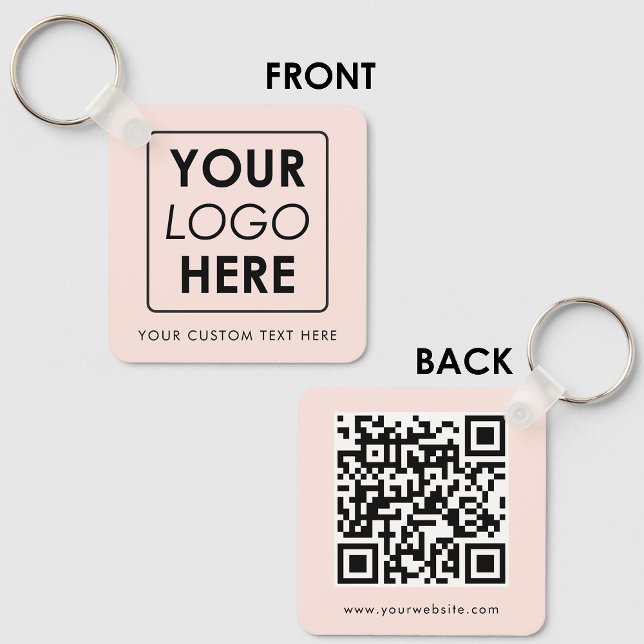 Dubbla av QR-Logotyp,  vid sidan av  Rosa Nyckelring (Business Logo Text QR Code Double Sided Blush Pink Keychain)
