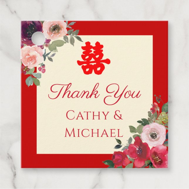 Dubbla av rödträdgårdsblommor i bröllop gåvor etiketter (Framsida)
