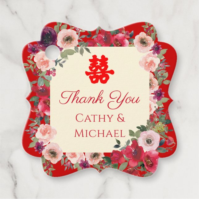 Dubbla av rödträdgårdsblommor i bröllop gåvor etiketter (Framsida)