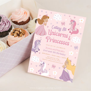 Dubbla Birthday Bjud in prinsessan. Joint Unicorn Inbjudningar
