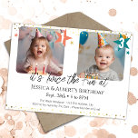 Dubbla Birthday Kids Photo Inbjudningar<br><div class="desc">Guld Confetti Two Photo Kids Dubbla Födelsedagsfest template design. Justerbar för alla åldrar i födelsedagsfest inbjudan. Digital Download,  utskrivbar inbjudan syskon,  twillingar,  gemensam födelsedag,  dubbla Birthday,  cousins,  kompisar Filler-foton gjorda med AI. Inte verkliga människor.</div>