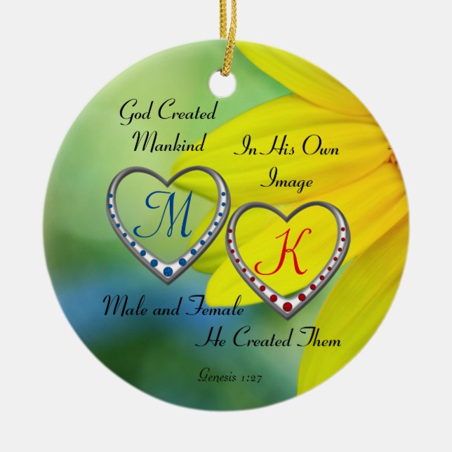 Dubbla Blue och Red Heart Monogram med bibel Quo Julgransprydnad Keramik (Framsidan)