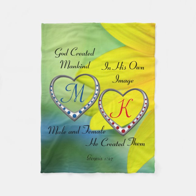 Dubbla Blue- och Red Heart-monogram med bibelcitat Fleecefilt (Framsidan)