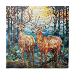 Dubbla Buck Hjort Forest Stached Glass Kakelplatta