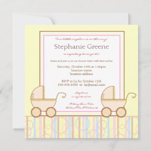 Dubbla Carriage Twin Girl Baby Shower Inbjudningar