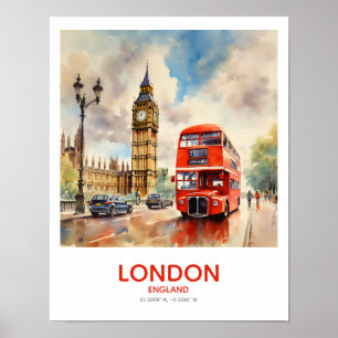 Dubbla-Decker Driving by Big Ben - London, England Poster
