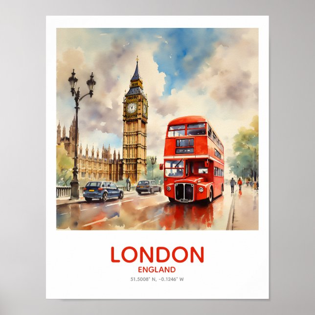 Dubbla-Decker Driving by Big Ben - London, England Poster (Framsidan)