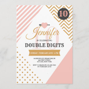 Dubbla Digits Rosa och Guld Party bjudan Inbjudningar
