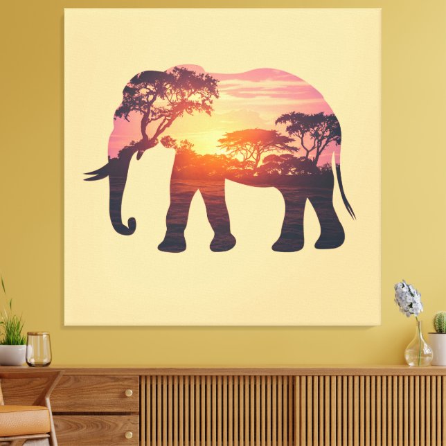 Dubbla Exponering Elephant Silhouette Design - Sav Canvastryck (Insitu (Vardagsrum))