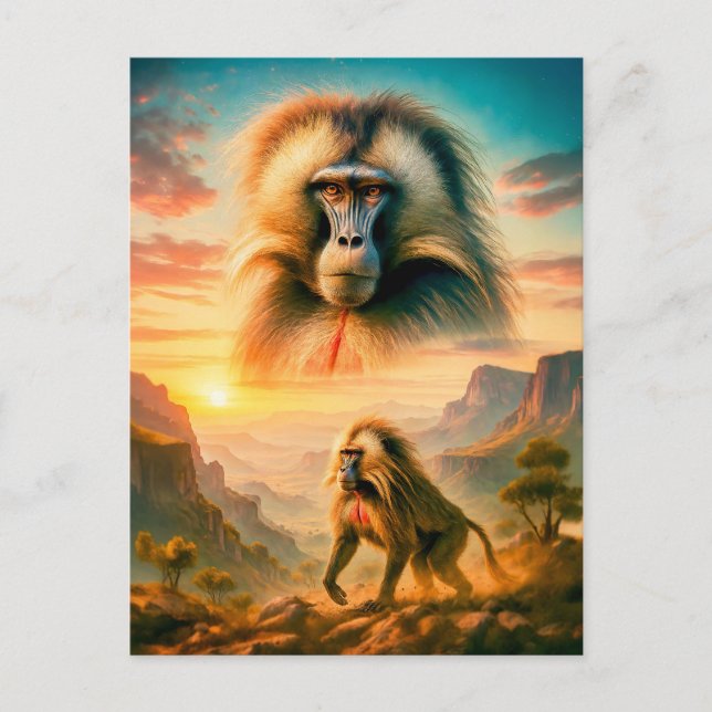 Dubbla Exponering Porträtt i Gelada Baboon Helg Vykort (Framsida)