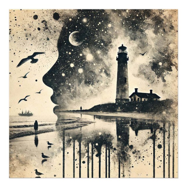 Dubbla Exponering Porträtt med Starry Himmel Light Fototryck (Framsidan)