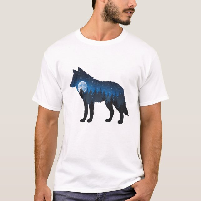 Dubbla Exponering Varg Silhouette Moonlit och Star T Shirt (Framsida)