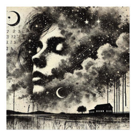 Dubbla Exponeringskvinna med Fiskmås och Starry Hi Fototryck