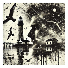 Dubbla Exponeringsman med fyr och fiskmås Fototryck