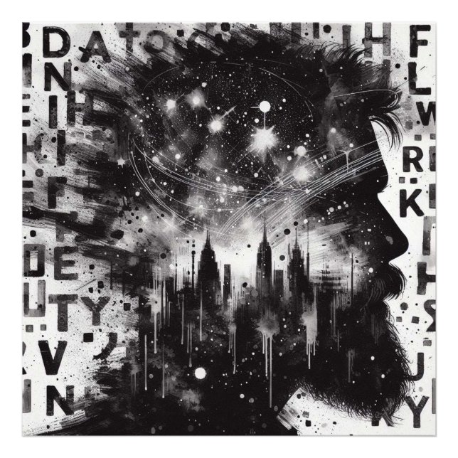 Dubbla Exposure Man Profile med City Skyline Fototryck (Framsidan)