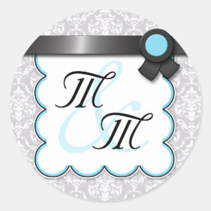 Dubbla för Aqua Blue & Grått Damask Monogram Stic Runt Klistermärke