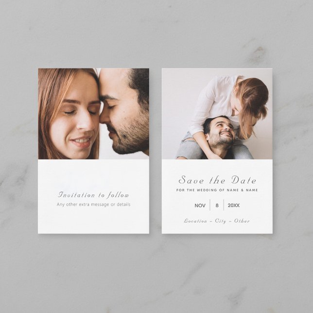 Dubbla fotomodern spara datumkortet inbjudningar (Double photo modern save the date card with message and dates.)