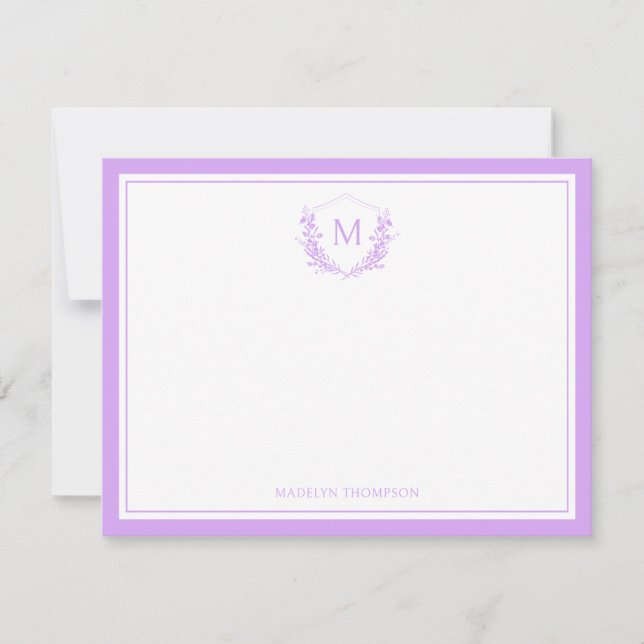 Dubbla Gräns Lavender Blommigt Vapensköld Monogram Anteckningskort (Framsida)