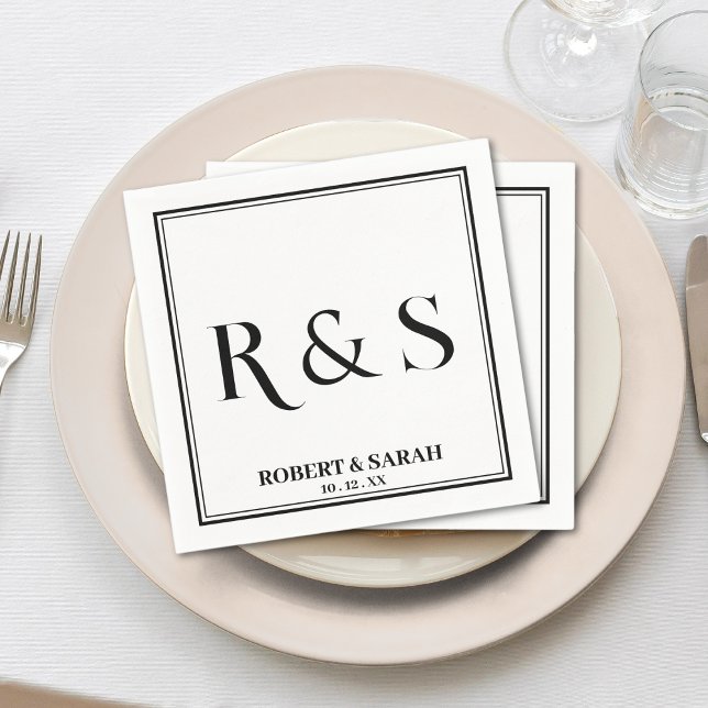 Dubbla Gräns Simple Modern Monogram Bröllop Pappersservett (monogram double square border wedding reception bridal shower napkin)