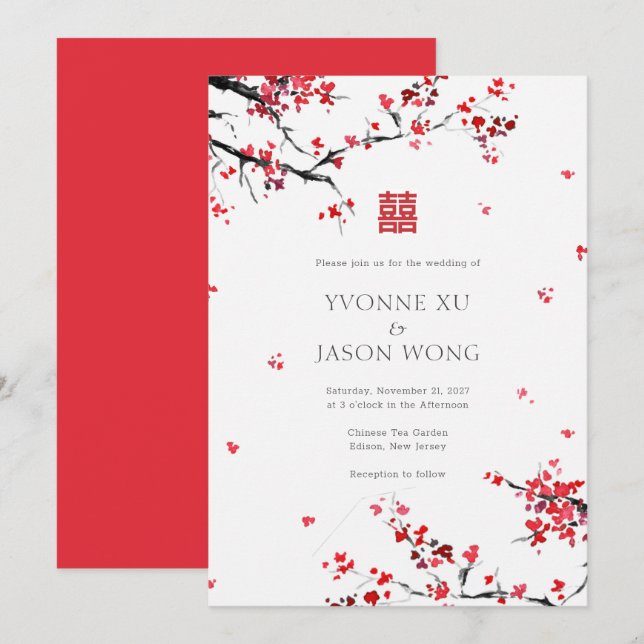 Dubbla Happity Chinese Red Elegant bröllop Inbjudningar (Fram/baksida)