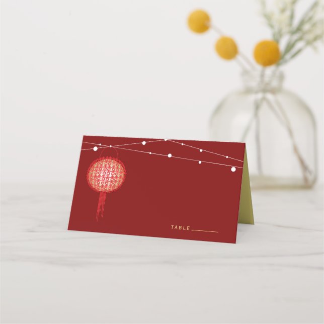 Dubbla Happity Glowing Lanterns Chinese Bröllop Placeringskort (Framsida)