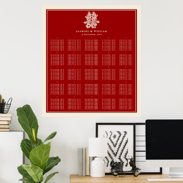 Dubbla Happity Red China Bröllop Seating Chart Poster (Hemmakontoret)
