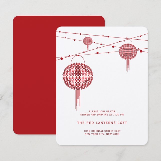 Dubbla Happity Red Lanterning Wedding Reception Inbjudningar (Fram/baksida)
