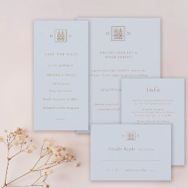 Dubbla Happy Dusty Blue & Guld kinesisk Bröllop Spara Datumet