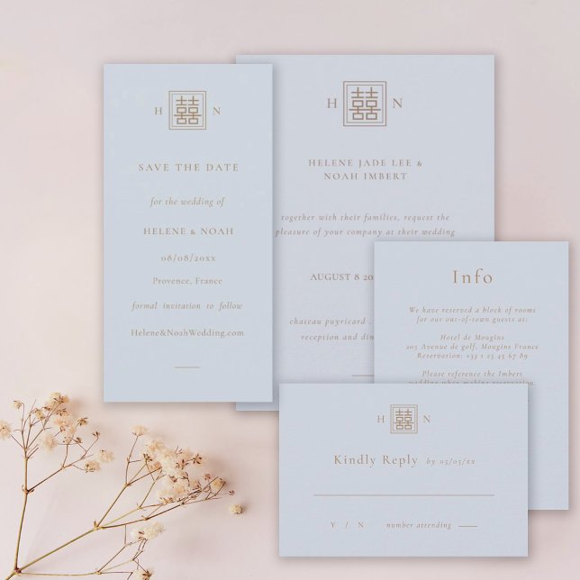 Dubbla Happy Dusty Blue & Guld kinesisk Bröllop Spara Datumet (Skapare uppladdad)