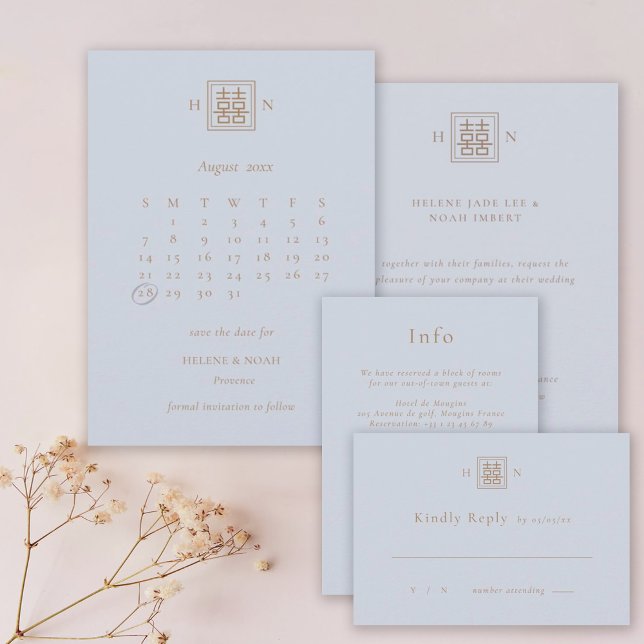 Dubbla Happy Dusty Blue & Guld kinesisk Bröllop Spara Datumet (Skapare uppladdad)