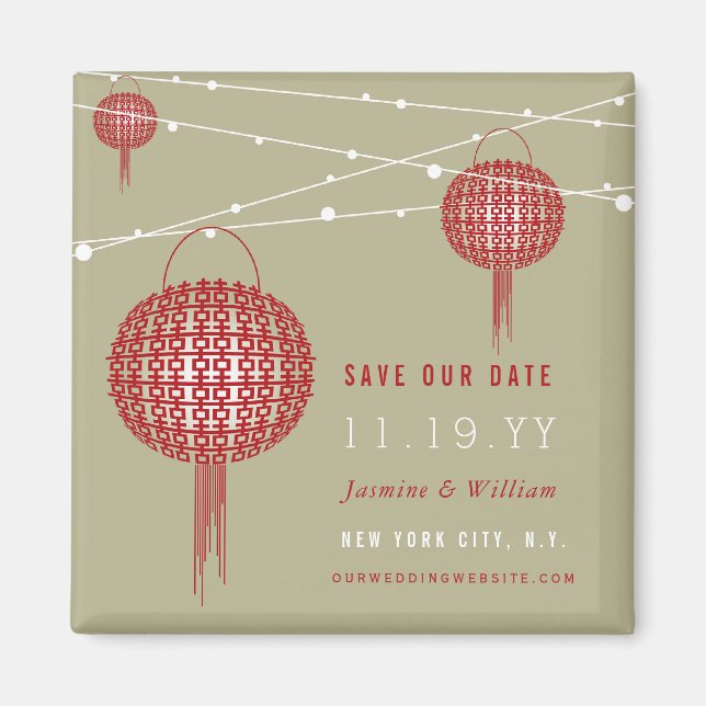 Dubbla Happy Red Lanterns Asian Save Date Magnet (Framsidan)