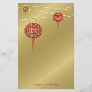 Dubbla Happy Red Lanterns Chic China Bröllop Brevpapper