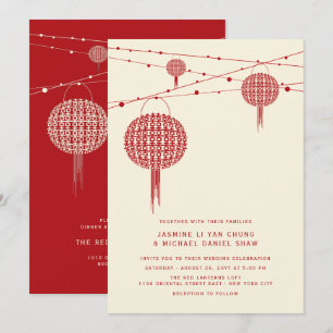 Dubbla Happy Red Lanterns Chic China Bröllop Inbjudningar