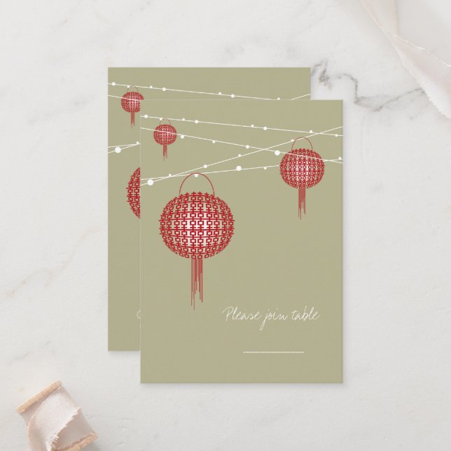 Dubbla Happy Red Lanterns Chic China Bröllop Placeringskort (Fram/Back In Situ)