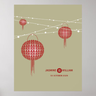 Dubbla Happy Red Lanterns Chic China Bröllop Poster