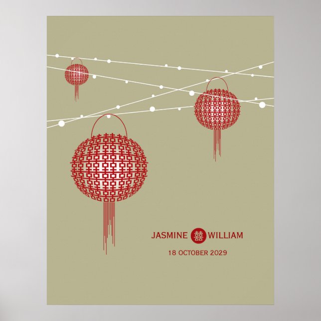 Dubbla Happy Red Lanterns Chic China Bröllop Poster (Framsidan)