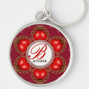 Dubbla Hearts Kärlek Monogram Namn Keychain Rund Silverfärgad Nyckelring