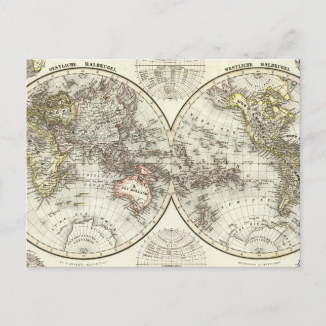 Dubbla Hemisphere World Map Vykort (Framsida)