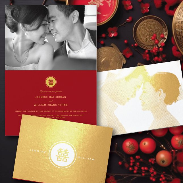 Dubbla i klassisk cirkel - lycka i kinesiska Bröll Folierat Kort (Classic Circle Double Happiness Chinese Wedding Real Foil Card @ fatfatin_red_knot)