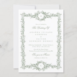 dubbla i monogram grönt i botaniska ram bröllop inbjudningar