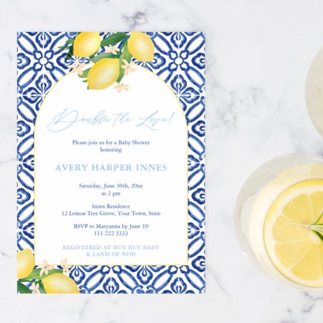 Dubbla - Italiens babyskor för tvillingpojkar i Kä Inbjudningar (Double The Love Italian Lemons Theme Baby Shower Party Invitation to welcome twin boys)