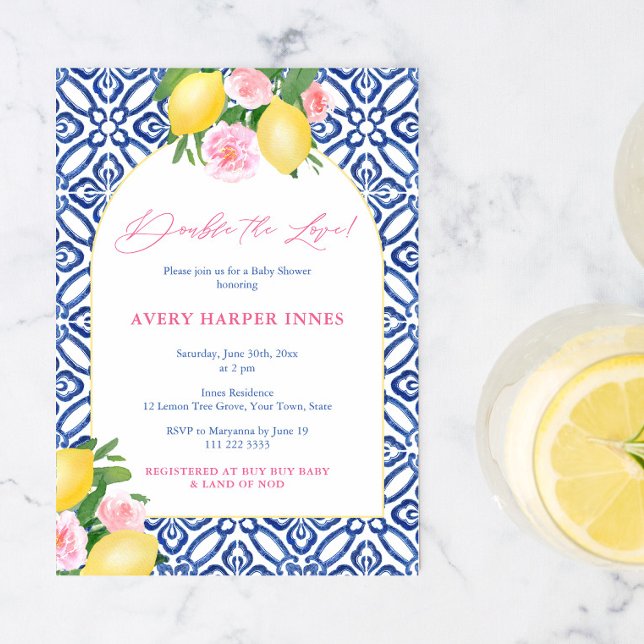 Dubbla Kärlek Positano Lemons Twillingar Baby Show Inbjudningar (Arch Shape Double The Love Citrus Vintage Blue Tile Positano Twin Girls Baby Shower Invitation)